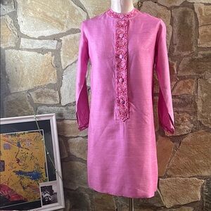 Vintage 1970s Pink Embroidered Silk Dress by Delhiwala for Lord & Taylor